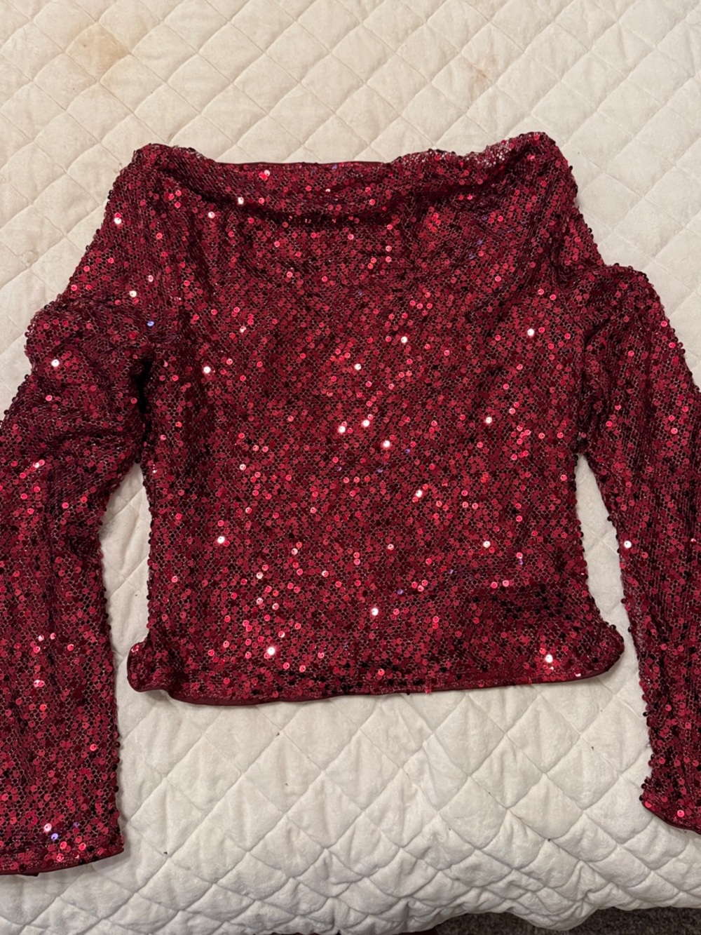 SHEIN Red Sequin Long Sleeve Boatneck Top